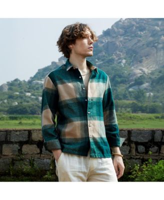 Men's Emerald Green & Buff Beige Vignette-Checkered Oversized Shirt