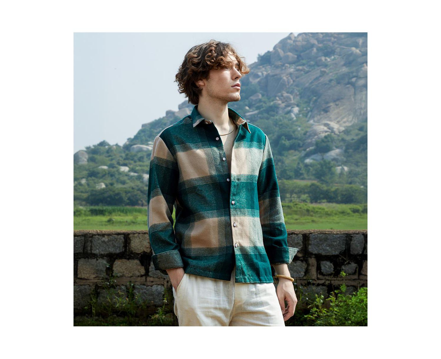 Men's Emerald Green & Buff Beige Vignette-Checkered Oversized Shirt