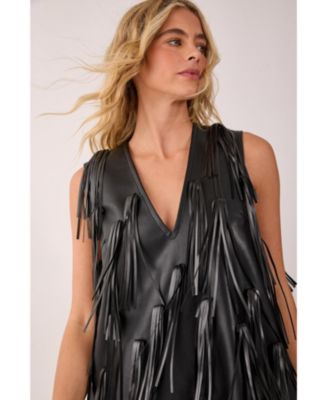Women's Faux Leather Tassel Plunge Mini Dress