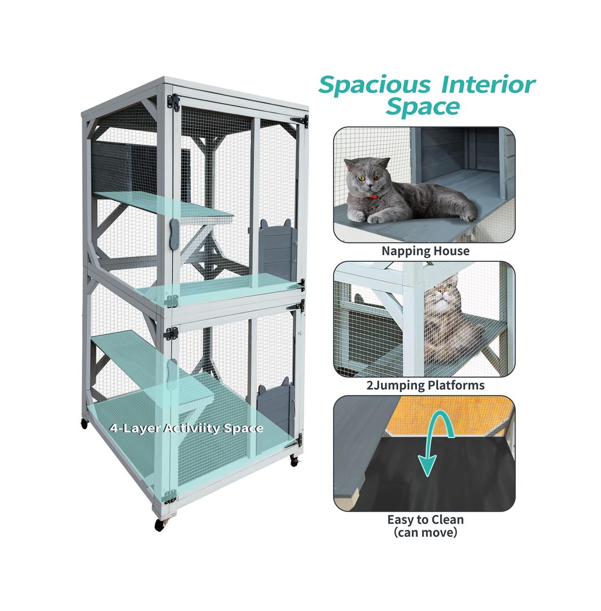 Aostirmotor 71 in. H Outdoor Wooden Cat Enclosure with Napping House 4 Platforms & Weatherproof Asphalt Roof in Gray
