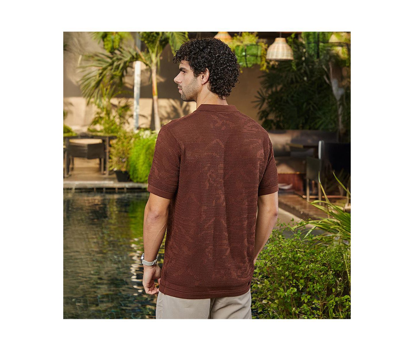 Мужское поло Cahoot Campus Sutra Russet Brown Fluid-Knit Polo, цвет: Коричневый — фото 4