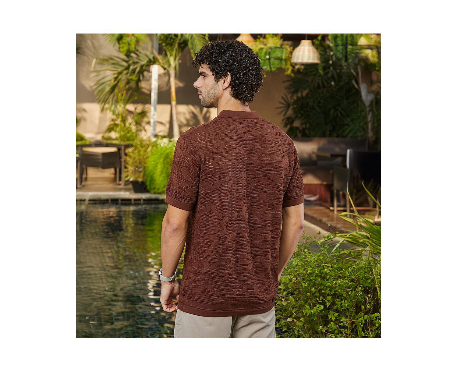 Men's Russet Brown Fluid-Knit Polo Shirt