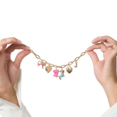 Pink and Gold Charm Bracelet with Bow, Dog, and Heart - 7.5''