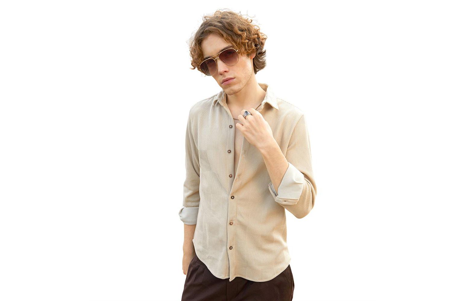 Men's Saltbox Beige Solid Knit Shirt