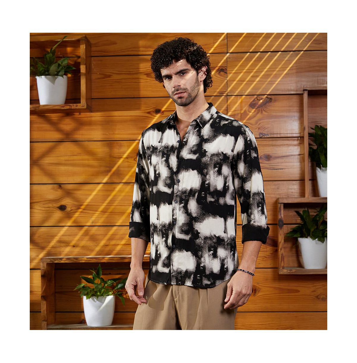 Campus Sutra Men's Onyx Black Textured Brushwork Shirt