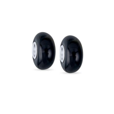.925 Sterling Silver Solid Black Murano Glass Spacer Charm Bead for Bracelet (Set of 2)