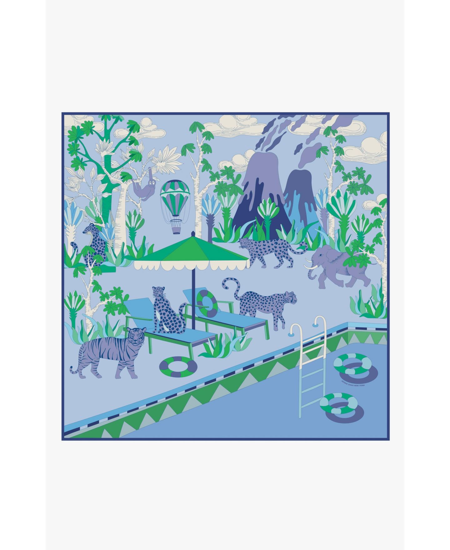 Женский шарф Jessie Zhao New York Double Sided Silk Scarf Jungle Party, цвет: Синий — фото 1