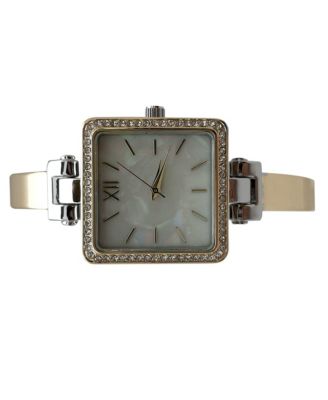 Two Tone Square Face Thin Rhinestone Bezel Bangle Women Watch