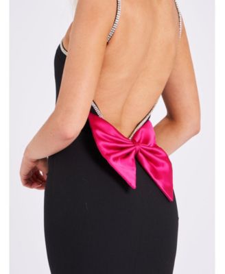 Women's Flore Black Crystal Straps Backless Gown With Bow