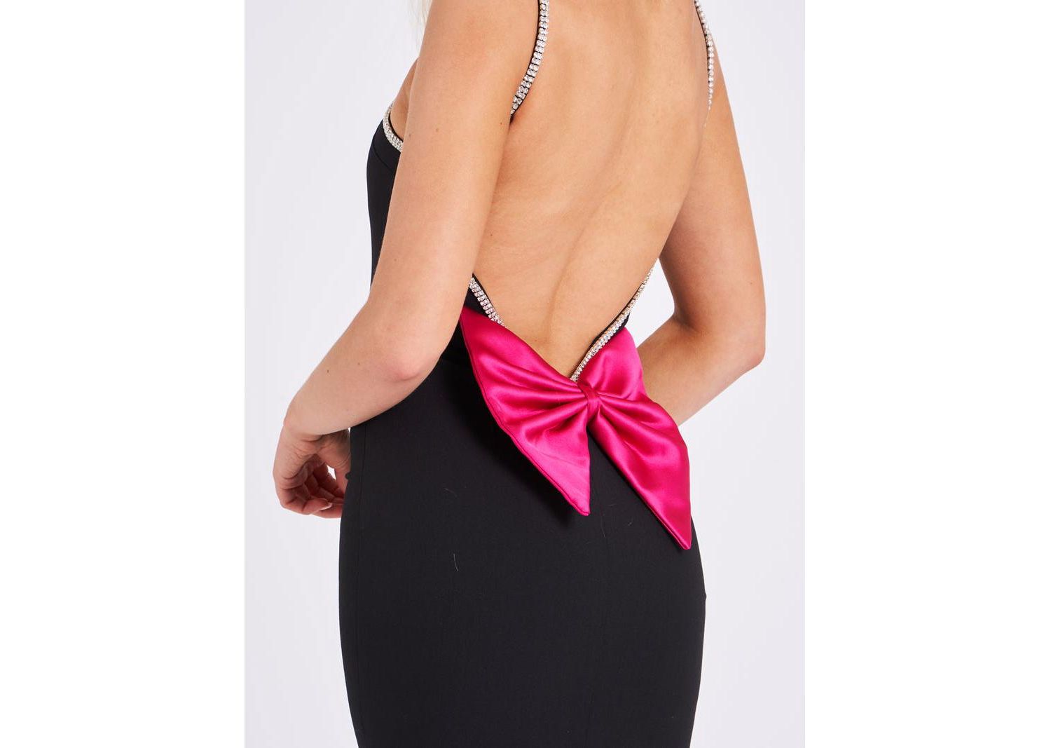Women's Flore Black Crystal Straps Backless Gown With Bow