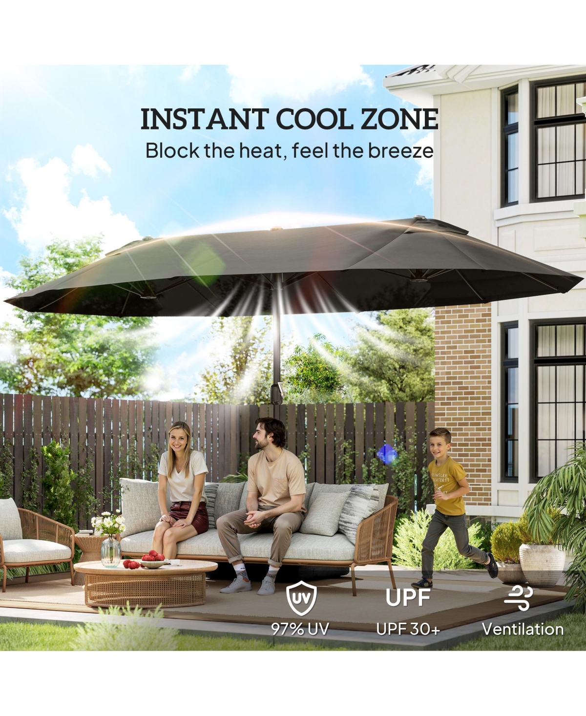 Outsunny 15' Backyard Double-Sided Steel Fabric Market Garden Umbrella Dark