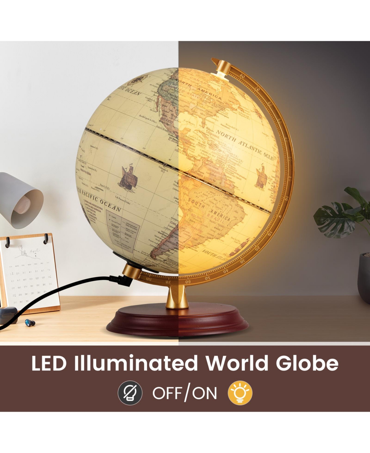 Sugift 8 Inch Illuminated World Globe Night Light up Globe Lamp with Wooden Stand and Hd Map