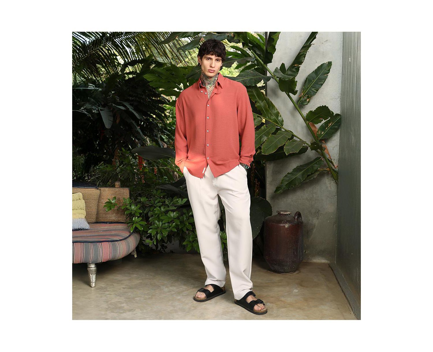 Men's Coral Orange Breezy Wrinked Shirt