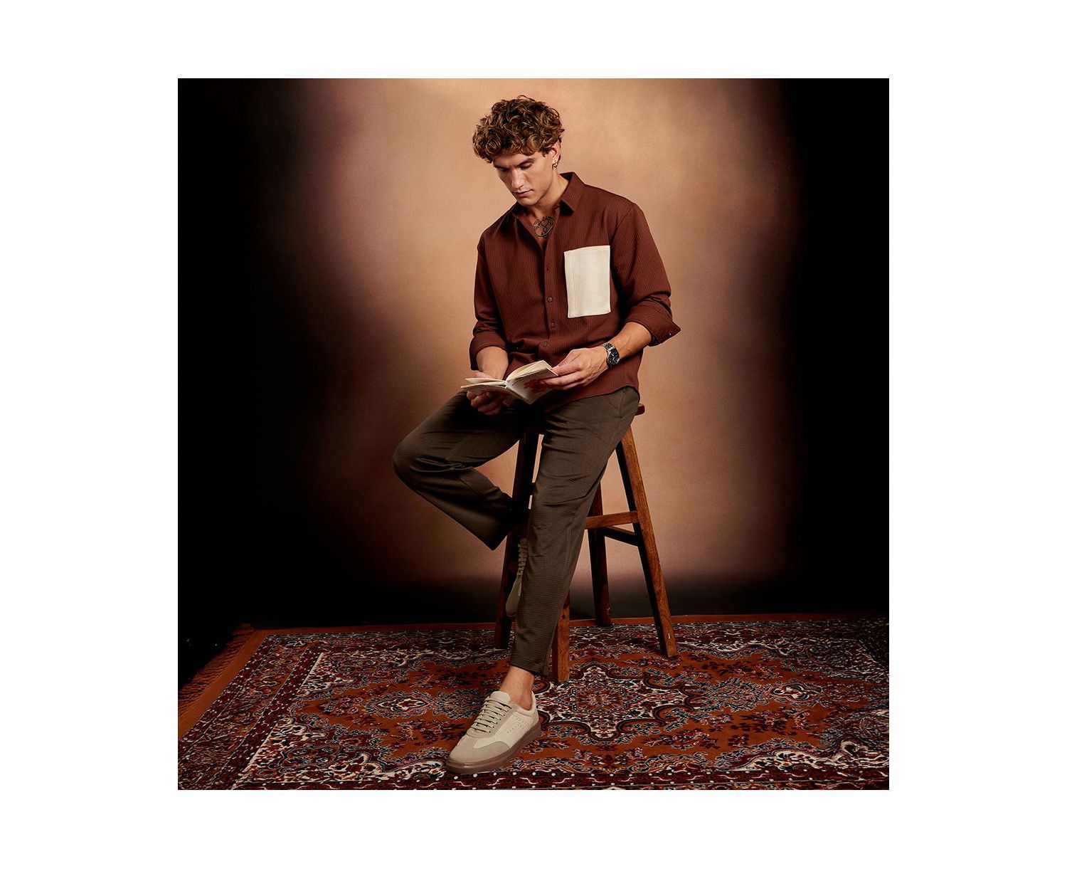 Men's Chocolate Brown Block-Patch Oversized Shirt