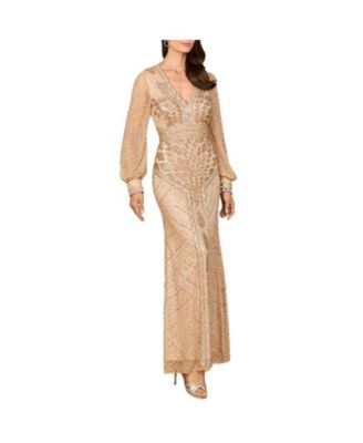 Women's V Neck Beaded Long Sleeve Dress