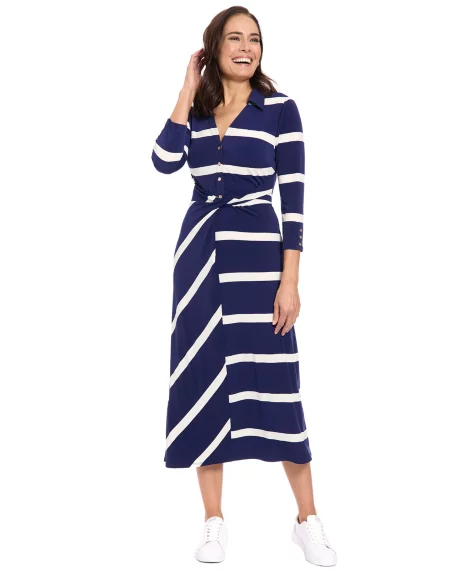 Petite Striped Collared Shirt Dress - Navy/White