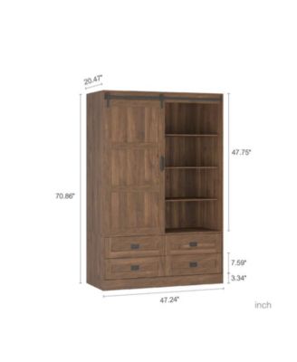 Tall Cabinet Bedroom Armoire Wardrobe Closet Clothing with Hanging Rod Barn Door Drawers Open Shelves