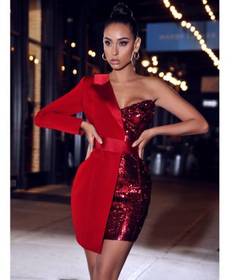 Women's Silver Night Wine Red Sequin Crepe Tuxedo Blazer Dress