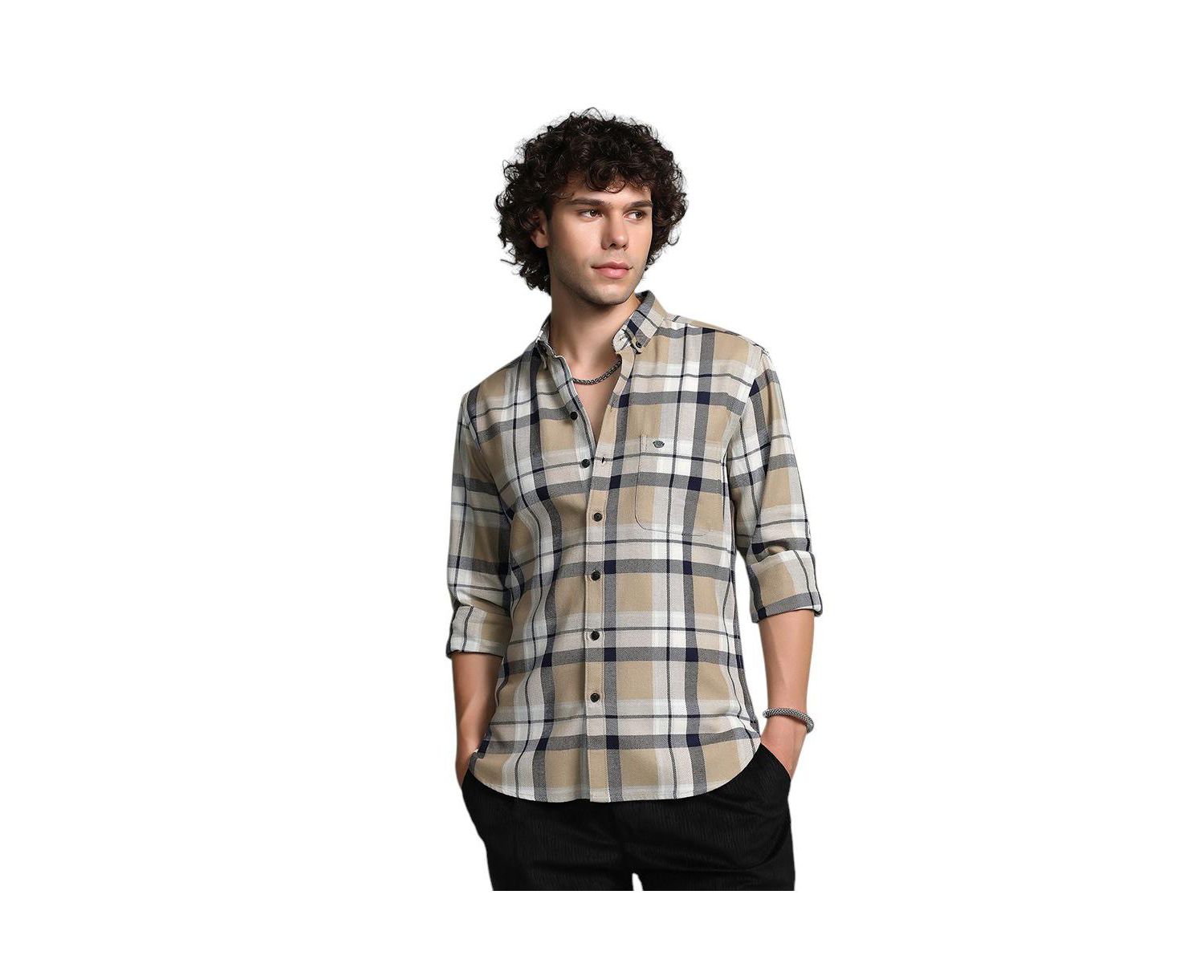 Men's Sand Beige Shadow-Checkered Shirt