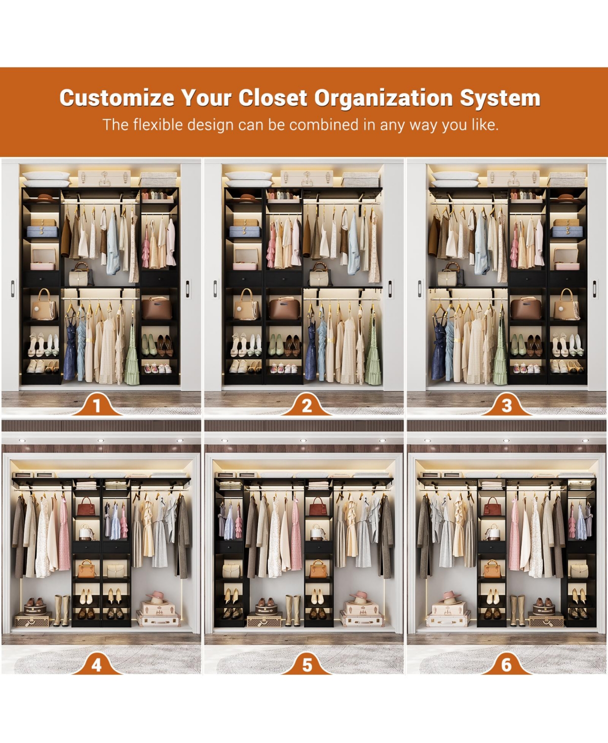 Aheaplus 58" - 90'' W Closet System with 2 Drawers, Large Walk-in Organizer 3 Hanging Rods and Shelves