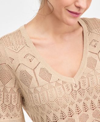 Women's Short-Sleeve Pointelle V-Neck Sweater, Macy's Exclusive
