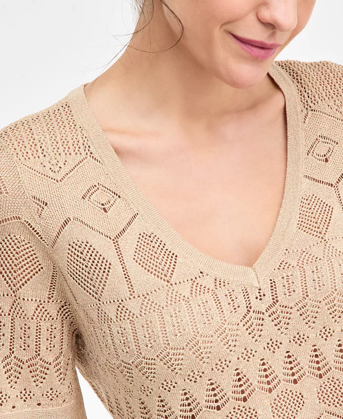 Petite Short-Sleeve Pointelle V-Neck Sweater - thumbnail 3