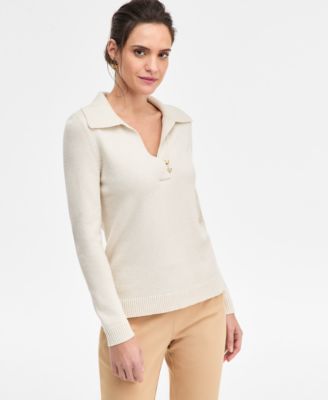 JM Collection - Women's Long-Sleeve Johnny-Collar Lurex Sweater