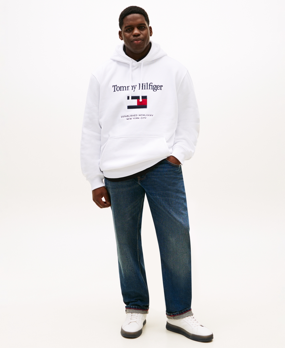 Tommy Hilfiger Men's Big & Tall Embroidered Flag Hooded Sweatshirt In White