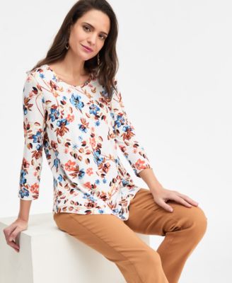 Women's Printed Scoop-Neck 3/4-Sleeve Top, Macy's Exclusive