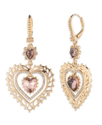 Marchesa - Glass Stone Gold-Tone Heart Double Drop Earrings