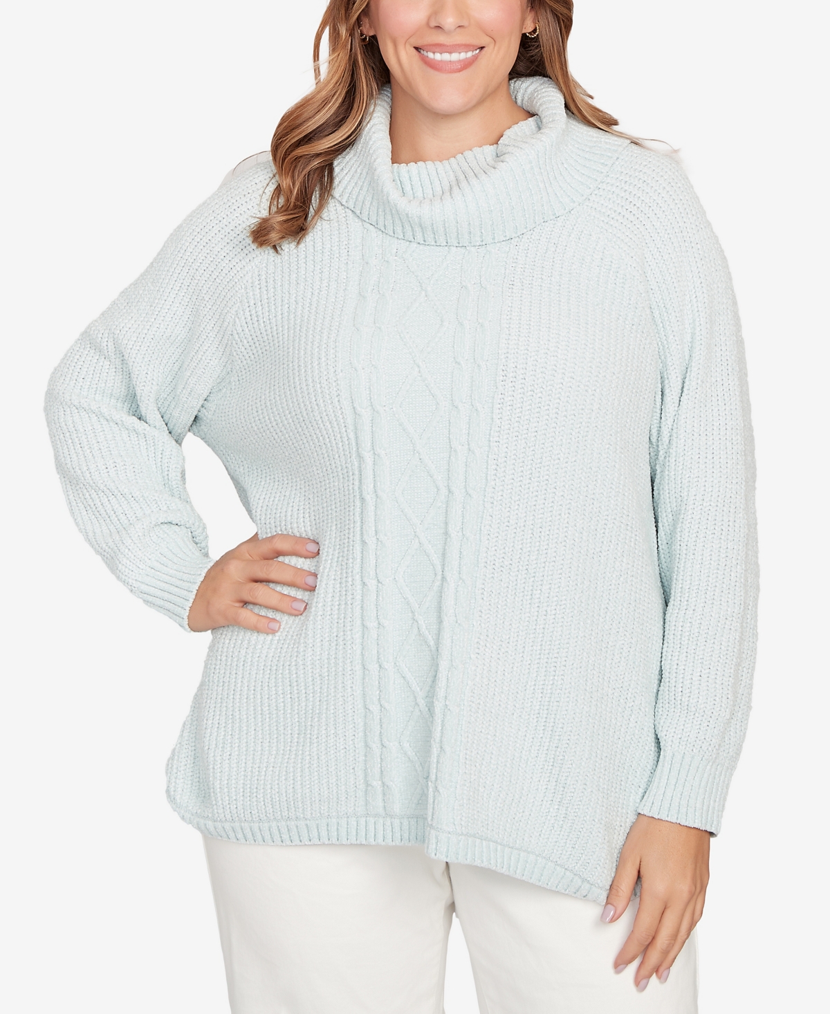 Hearts Of Palm Plus Solid Long Sleeve Chenille Knit Cable Pullover Sweater