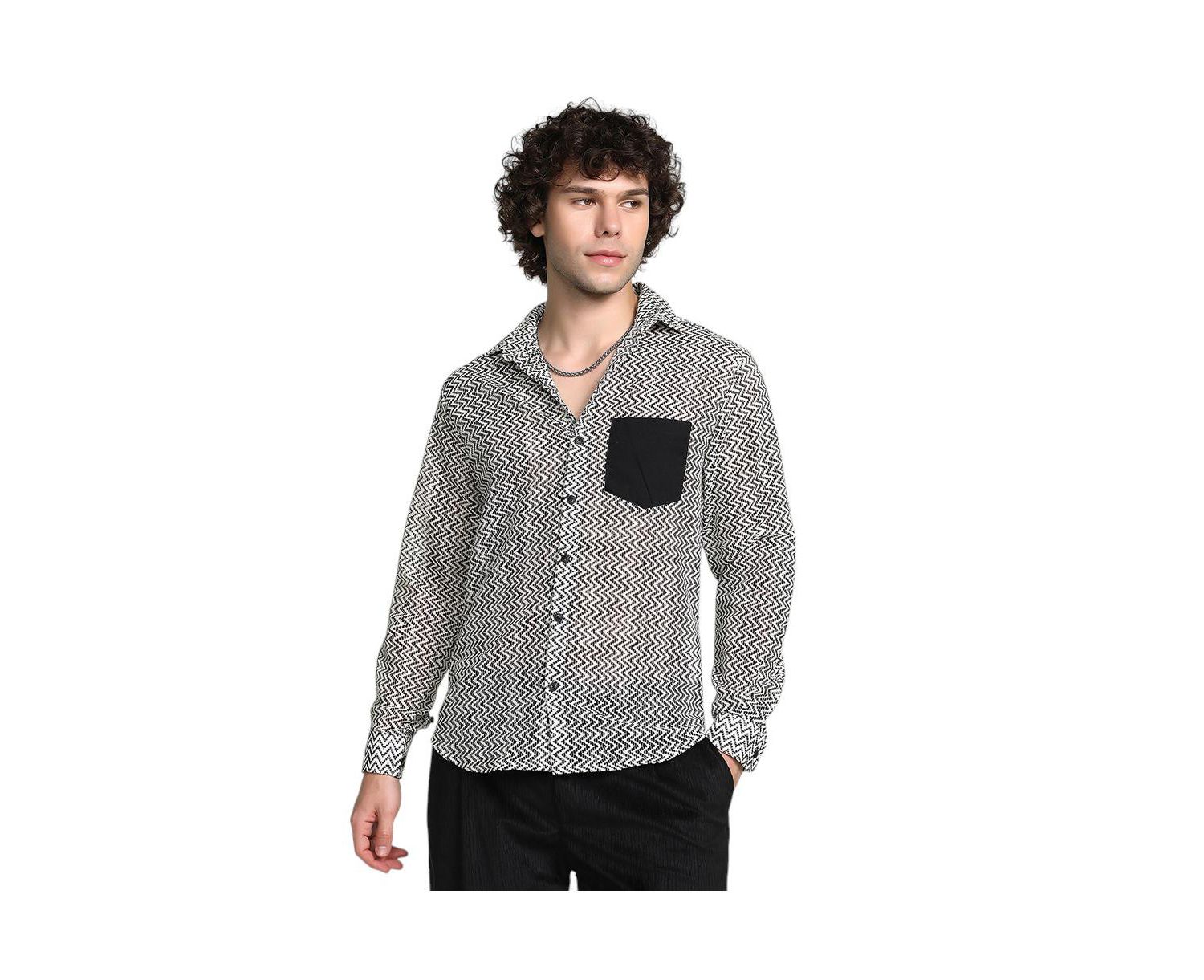 Men's Onyx Black & Cream White Zig-Zag Block Shirt