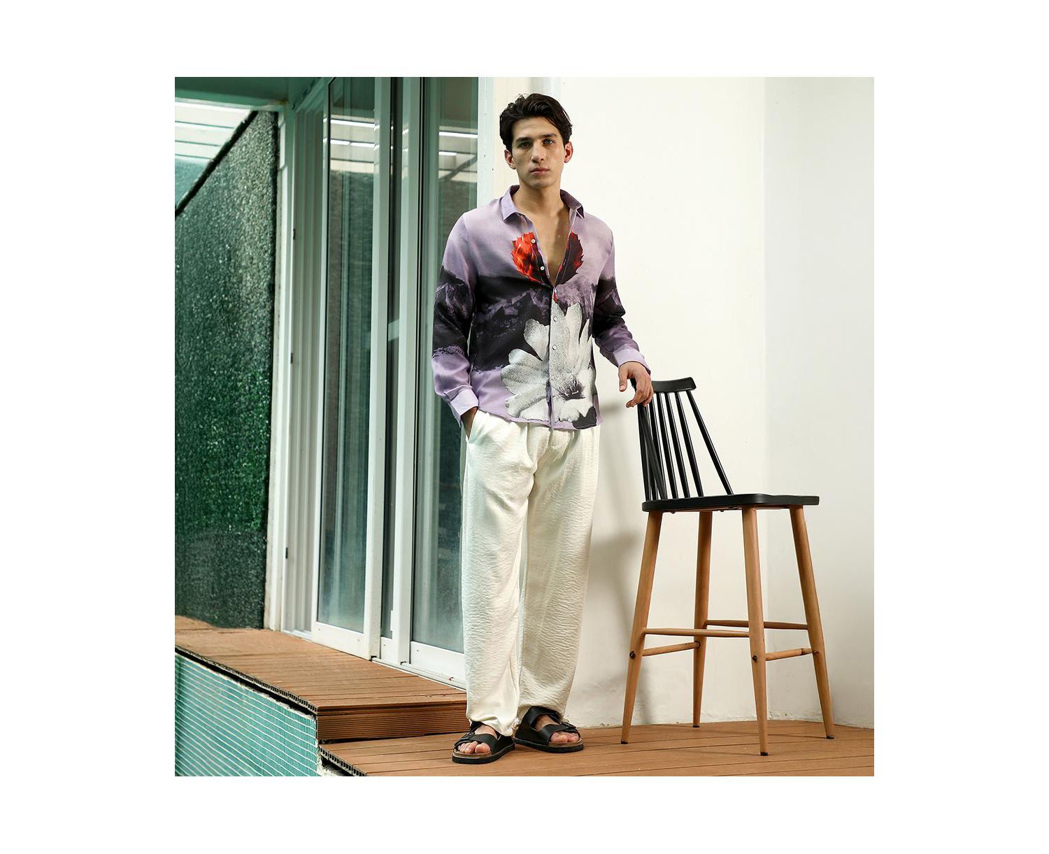 Men's Purple Floral Printed Shirt With Spread Collar