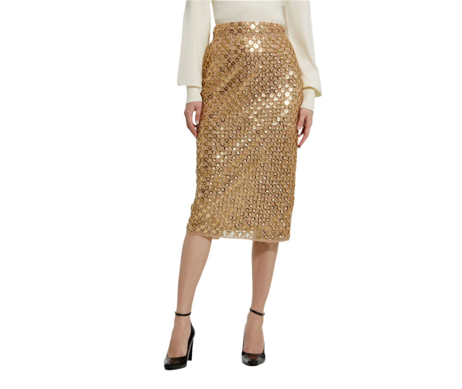 Women's Sequin Embellished Mesh Fitted Midi Pencil Skirt