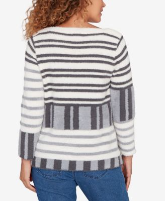 Petite Striped Feather Eyelash Pullover Sweater
