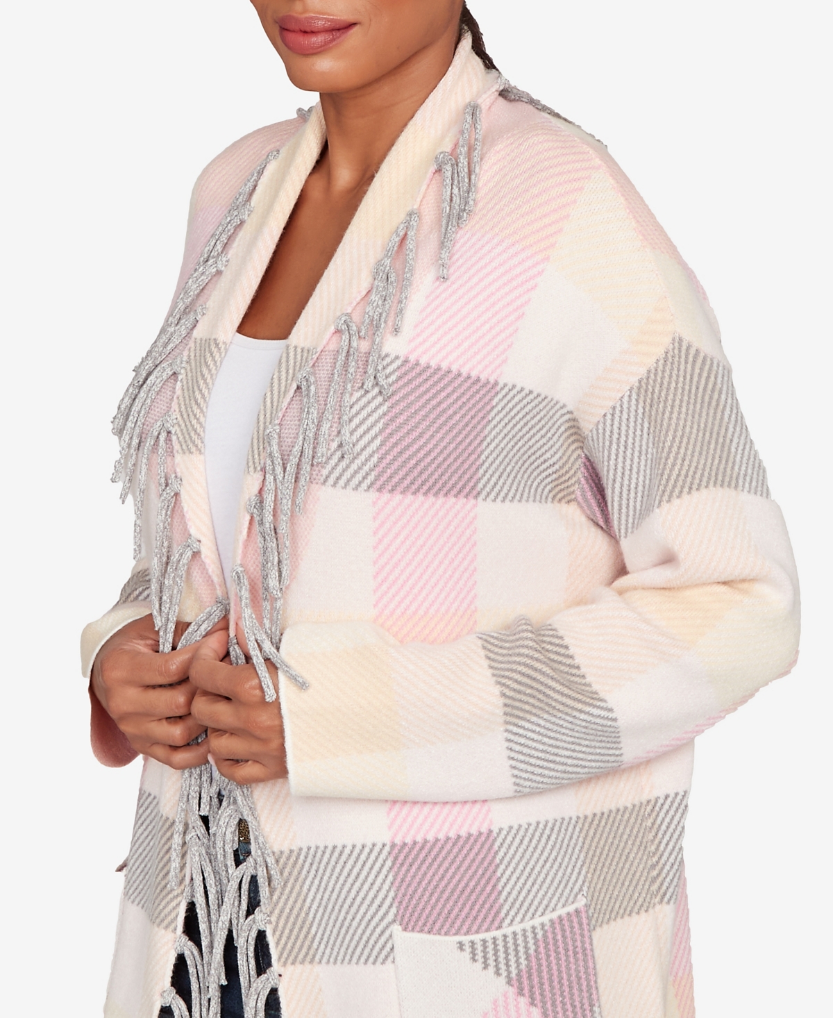 Ruby Rd. Petite Luxe Plaid Fringed Cardigan Sweater