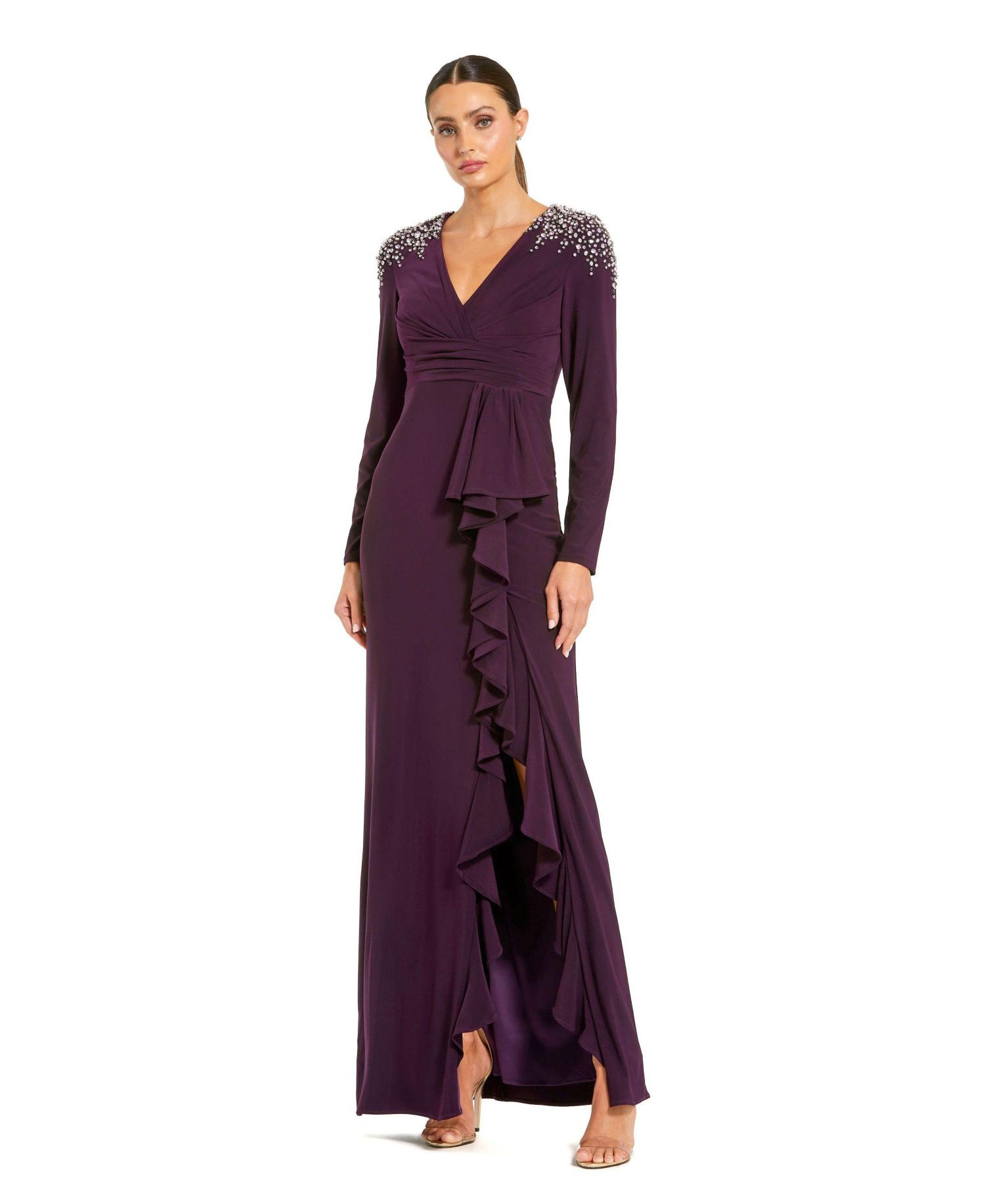 Women's Long Sleeve Gown with Cascading Ruffle and Rhinestone Shoulders