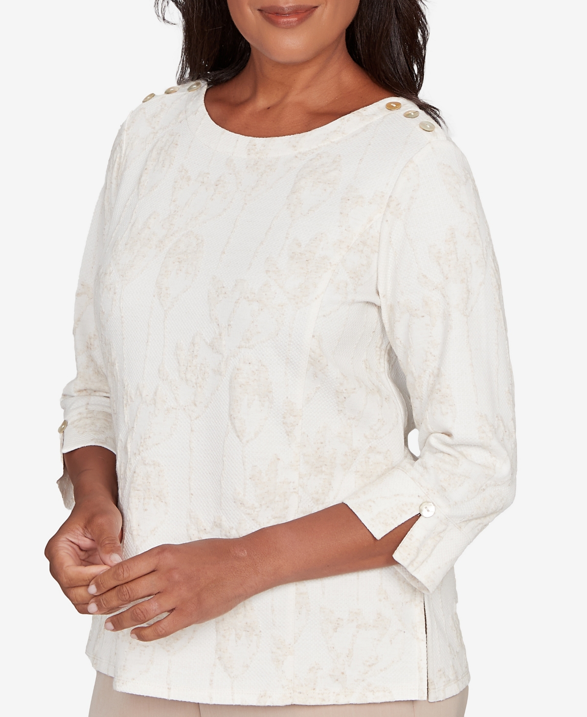 Alfred Dunner Women's Saratoga Springs Raised Texture Floral Design Knit Top In White