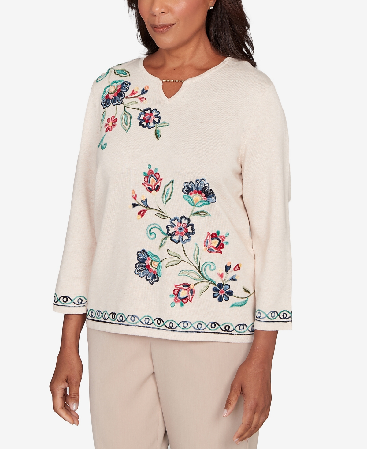 Alfred Dunner Plus Size Saratoga Springs Embroidered Floral Three-quarter Sleeve Sweater In Multi