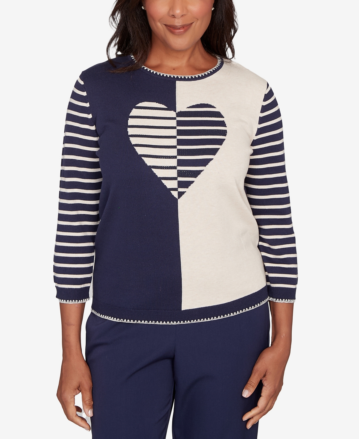 Alfred Dunner Women's Saratoga Springs Heart Motif Detail Striped Sweater In Blue