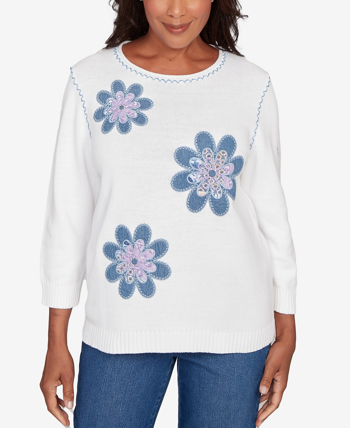 Alfred Dunner Women's Hilton Head Quilted Denim Applique Flower Sweater