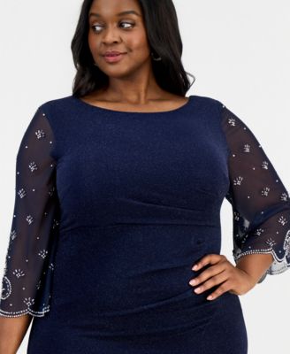 Plus Size Metallic Knit 3/4-Sleeve A-Line Dress