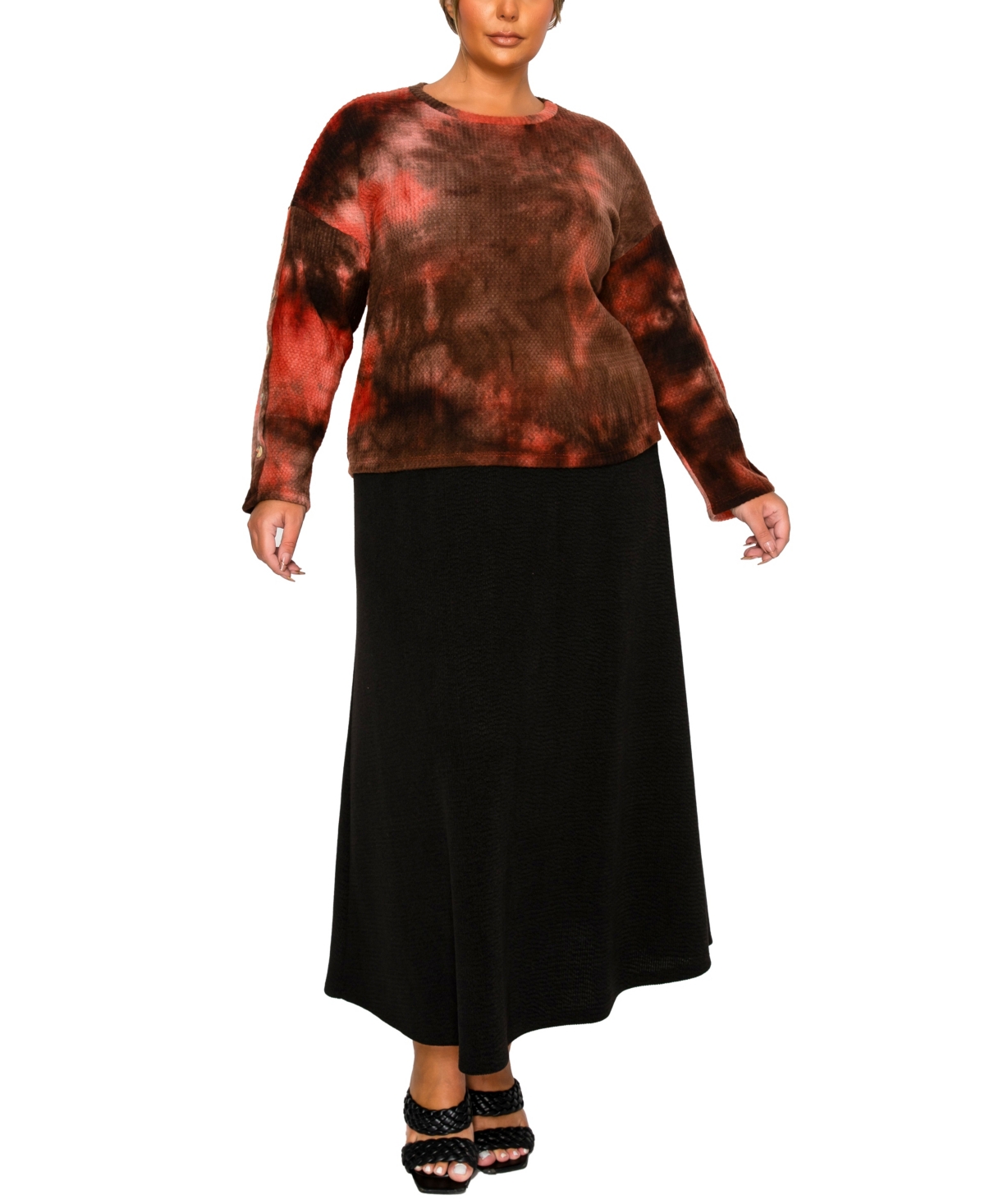 Coin 1804 Plus Size Brushed Tie Dye Waffle Crew Neck Top In Multi