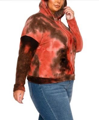 Plus Size Brushed Tie Dye Waffle Drawstring Sweatshirt