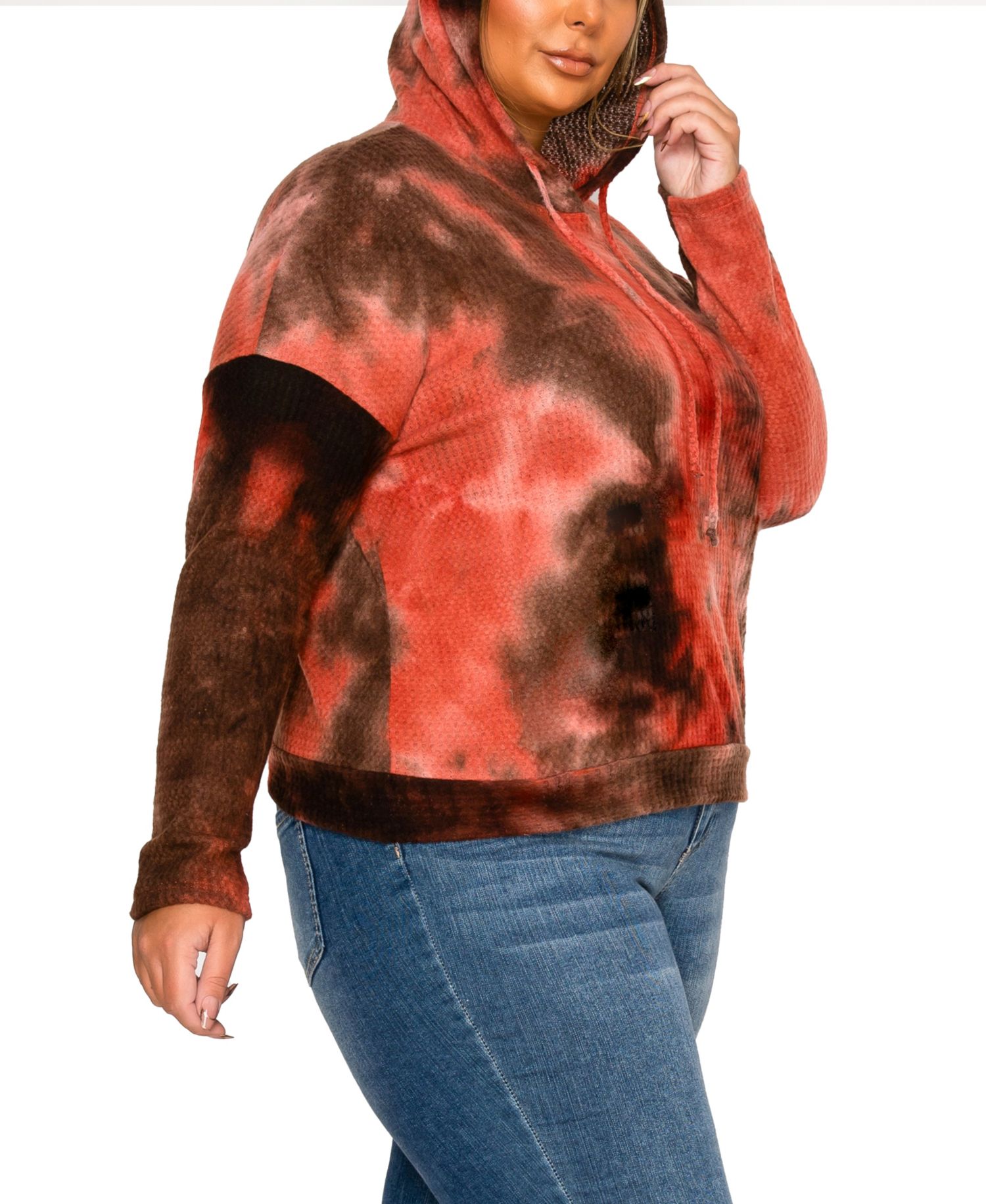 Plus Size Brushed Tie Dye Waffle Drawstring Sweatshirt