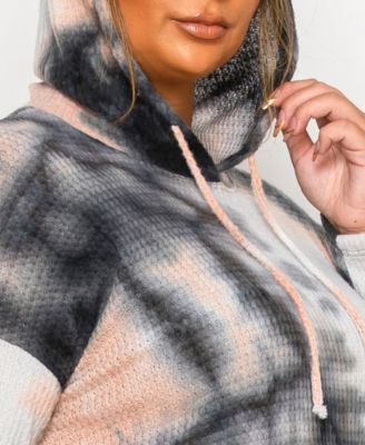 Plus Size Brushed Tie Dye Waffle Drawstring Sweatshirt