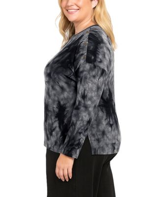 Plus Size Tie Dye Cozy Button Shoulder Long Sleeve Top