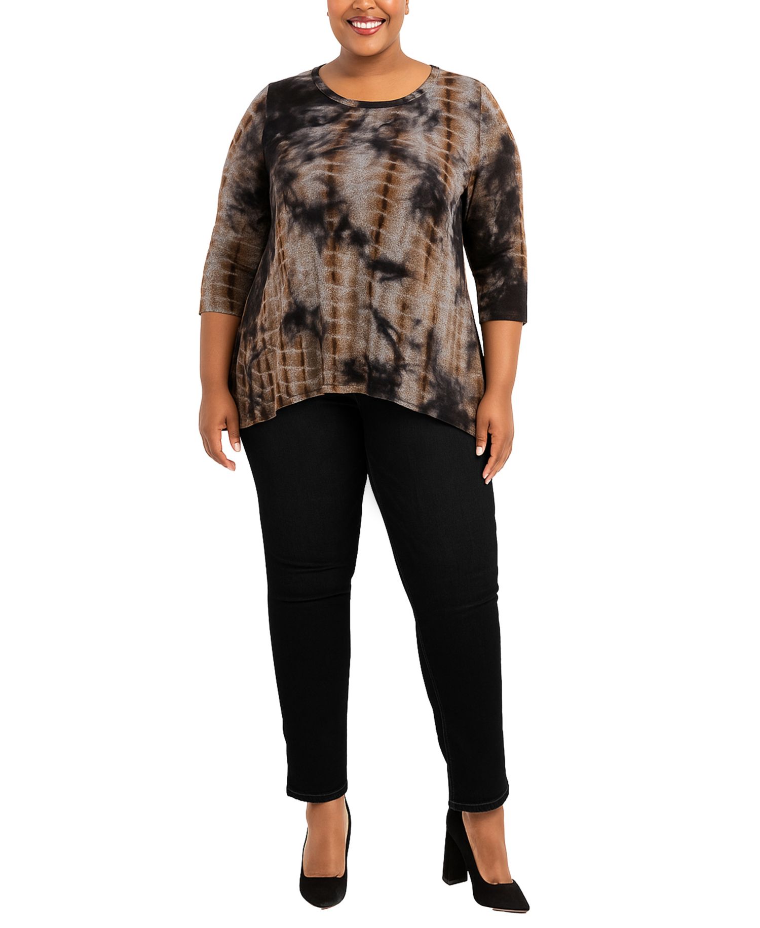 Plus Size Tie Dye Cozy Button Back 3/4 Sleeve Top