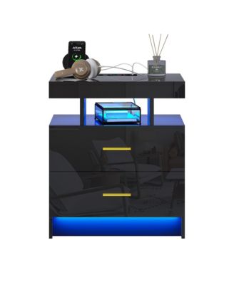 22.8" Wood LED Nightstand RGB Lights Auto Sensor Charging Station