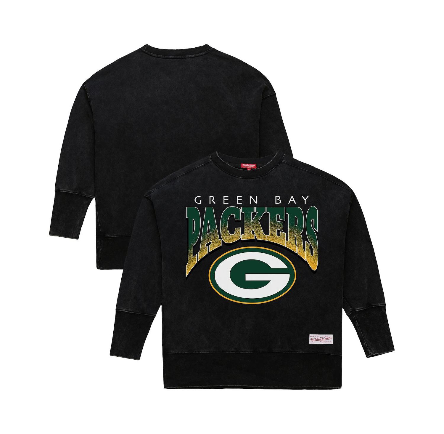 Women's Black Green Bay Packers Delineate Mineral Wash Crewneck Sweatshirt